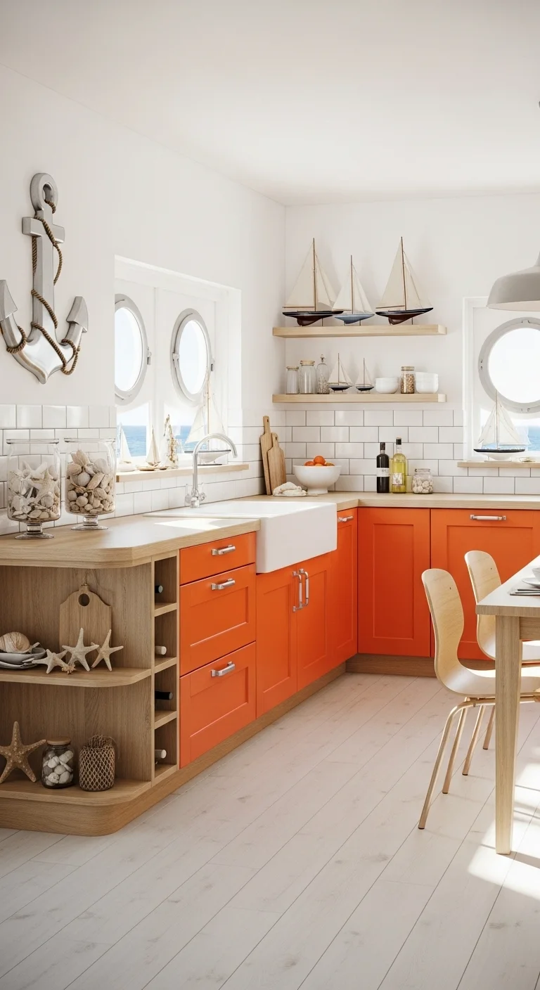 Coastal Retreat with Bright Orange Cabinets