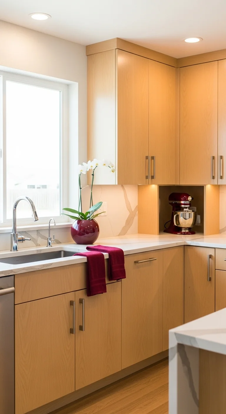 Maple Cabinets with Burgundy Accents