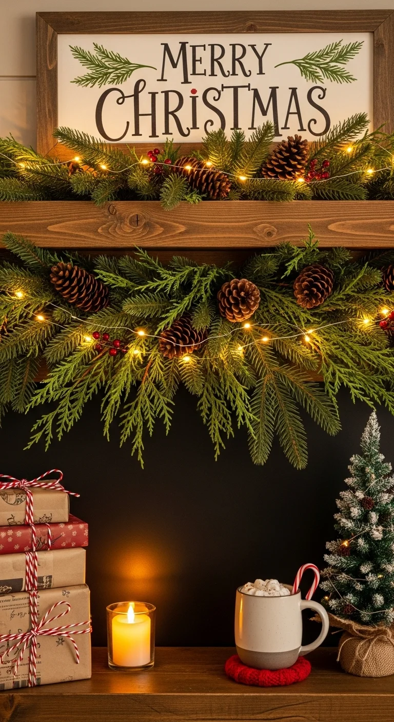 Rustic Elegance with Pine Cones and Twinkling Lights