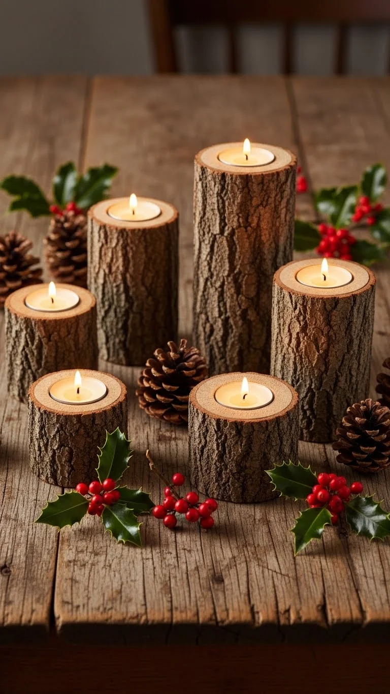 Rustic Log Candle Holders