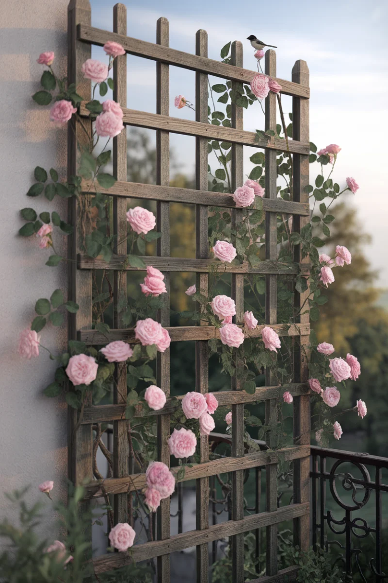 Rustic Wooden Trellis with Climbing Roses
