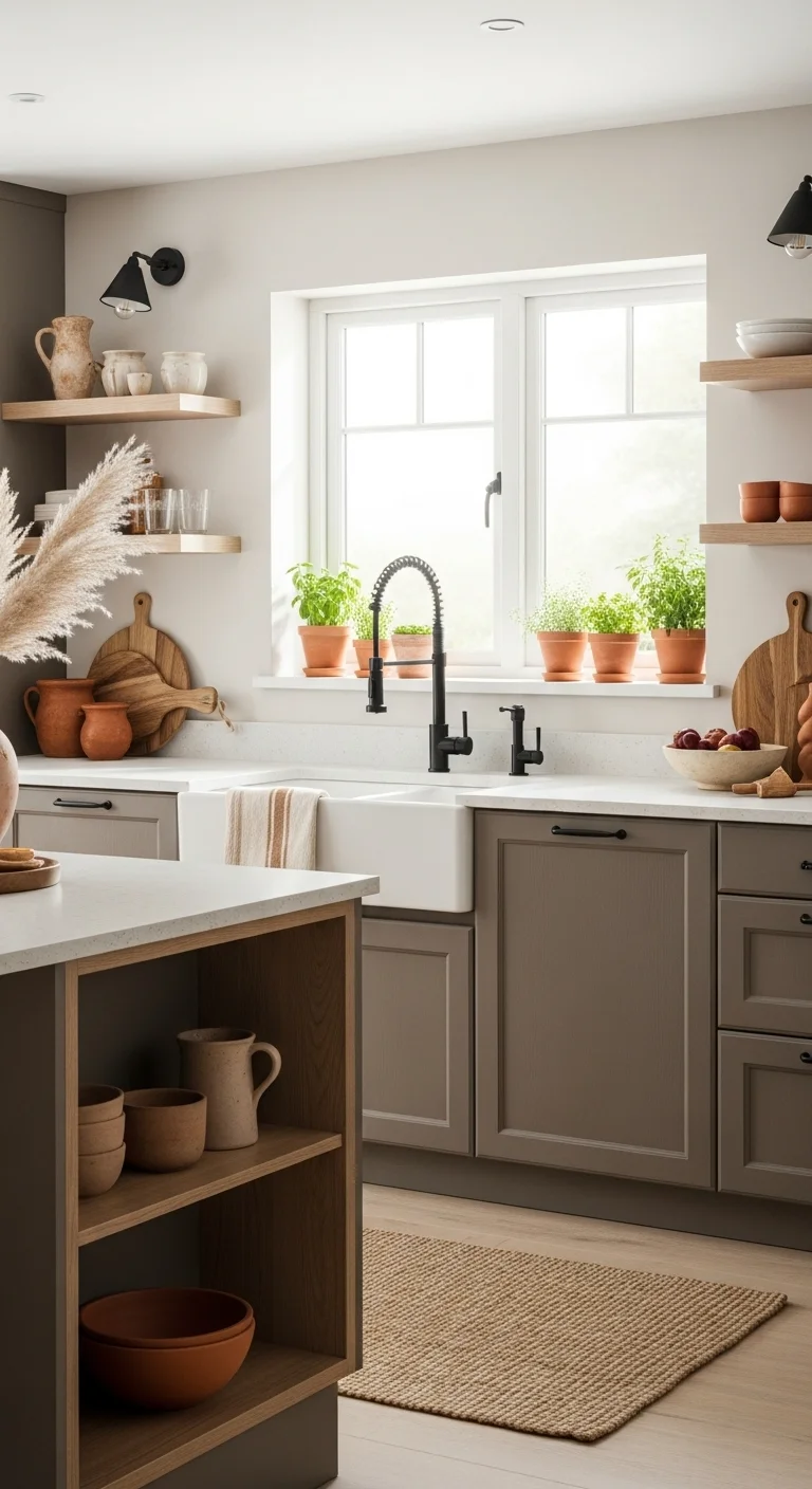 Warm Taupe Cabinets with Natural Wood Accents
